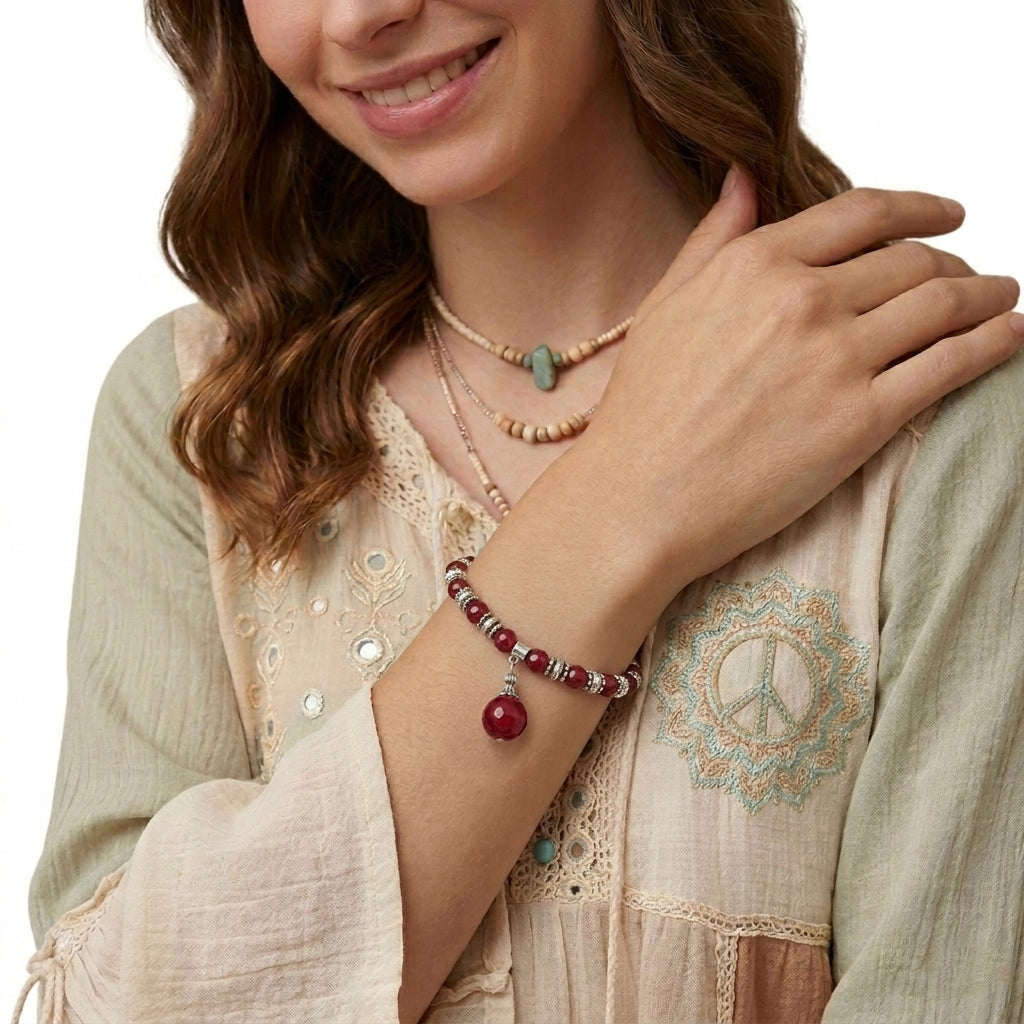 Pulsera plata y ágata roja