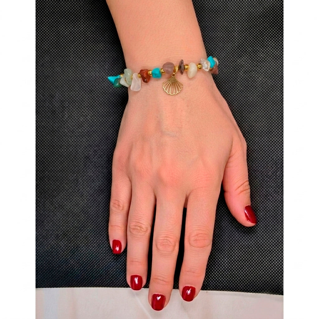 Pulsera de Piedras de Colores con Vieira Dorada