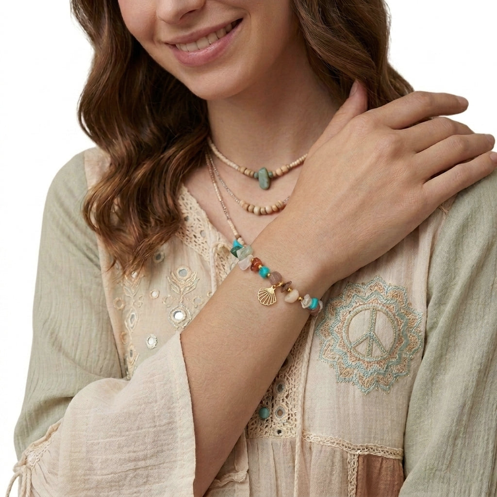 Pulsera de Piedras de Colores con Vieira Dorada